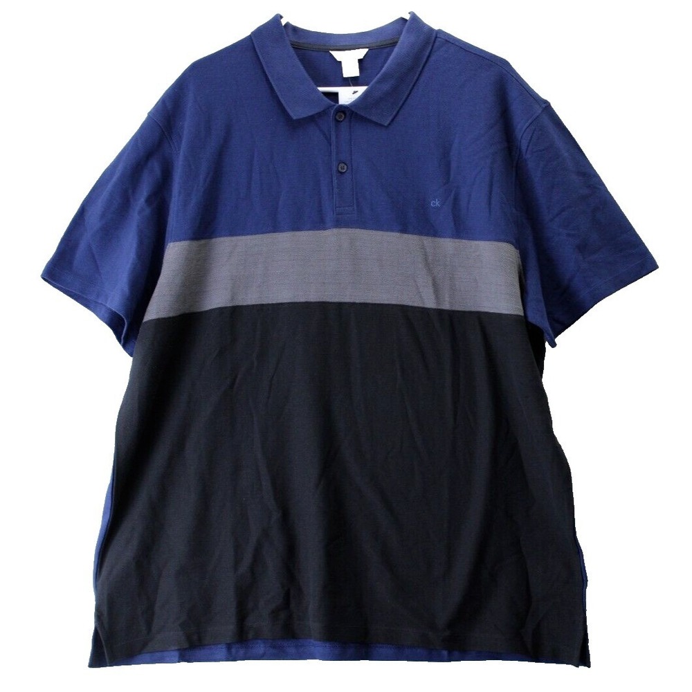 Calvin Klein Men's XXL Blue Gray Black Color Block Short‎ Sleeve Polo Shirt